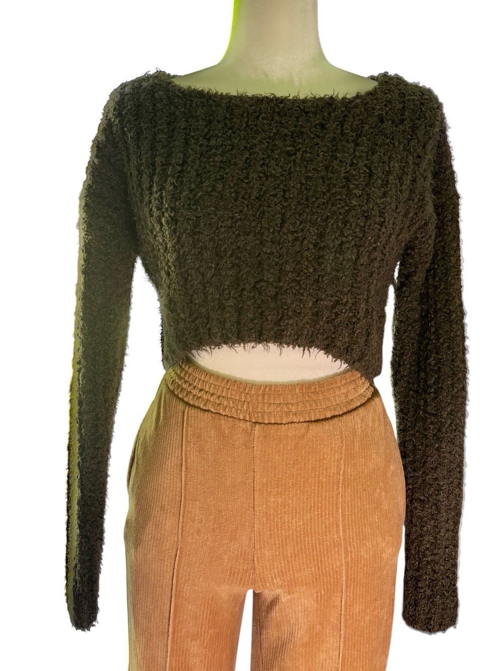 Dark Green Fuzzy Knit Cropped Sweater Long Sleeve Size S
